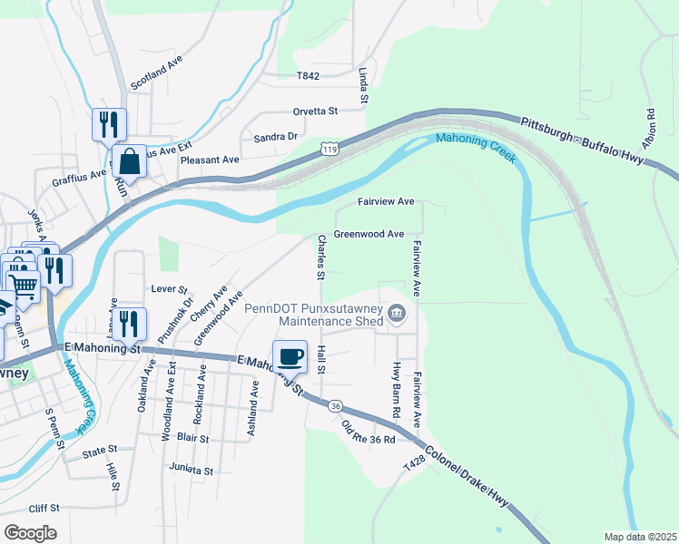 map of restaurants, bars, coffee shops, grocery stores, and more near 98 Knarr Street in Punxsutawney