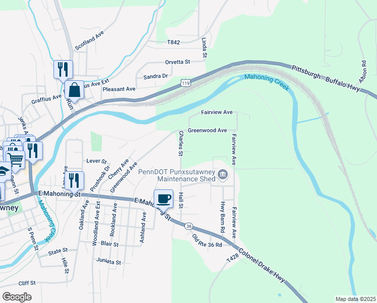 map of restaurants, bars, coffee shops, grocery stores, and more near 2-98 Knarr Street in Punxsutawney