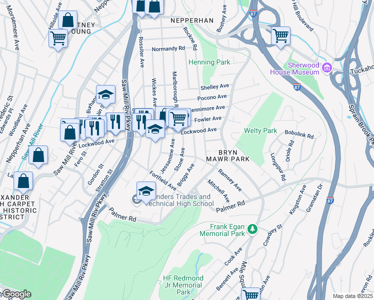 map of restaurants, bars, coffee shops, grocery stores, and more near in Yonkers