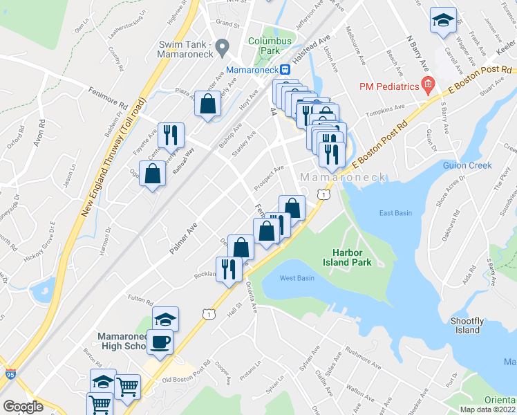 map of restaurants, bars, coffee shops, grocery stores, and more near 401 Munro Avenue in Mamaroneck