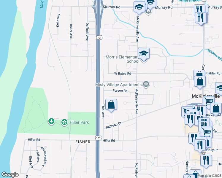 map of restaurants, bars, coffee shops, grocery stores, and more near 1030 Forson Road in McKinleyville