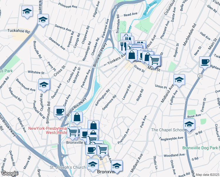 map of restaurants, bars, coffee shops, grocery stores, and more near 3 Avon Road in Bronxville