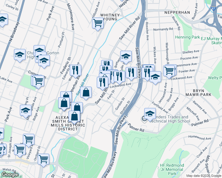 map of restaurants, bars, coffee shops, grocery stores, and more near 302 Saw Mill River Road in Yonkers