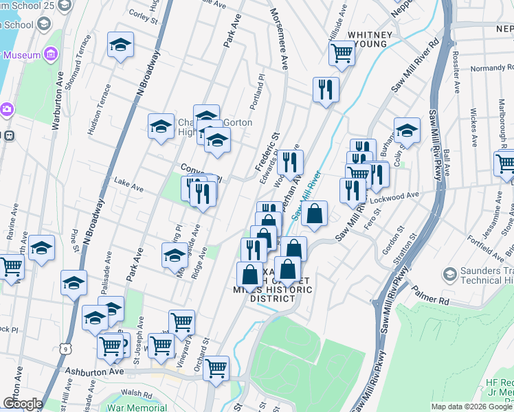 map of restaurants, bars, coffee shops, grocery stores, and more near 221 Edwards Place in Yonkers