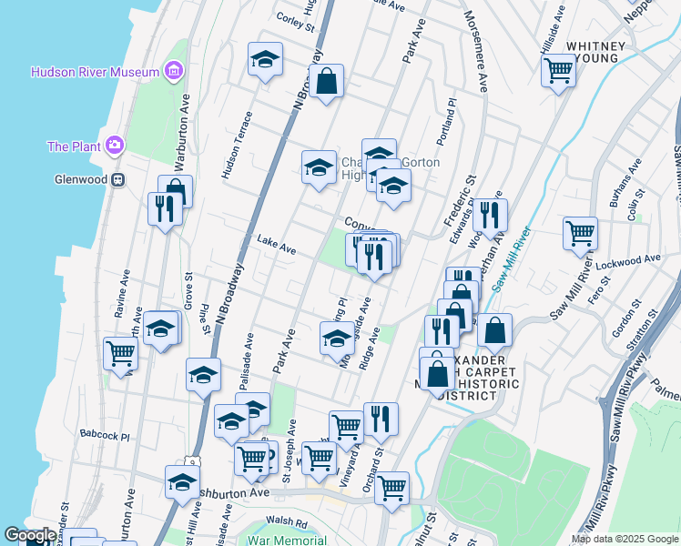 map of restaurants, bars, coffee shops, grocery stores, and more near 98 Lake Avenue in Yonkers