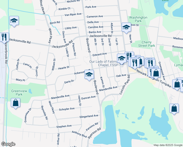 map of restaurants, bars, coffee shops, grocery stores, and more near 60 Boulevard in Pequannock Township