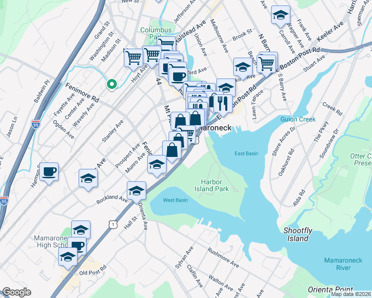 map of restaurants, bars, coffee shops, grocery stores, and more near 200 West Boston Post Road in Mamaroneck