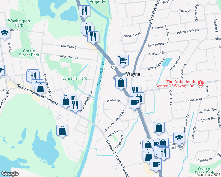 map of restaurants, bars, coffee shops, grocery stores, and more near 1895 New Jersey 23 in Wayne