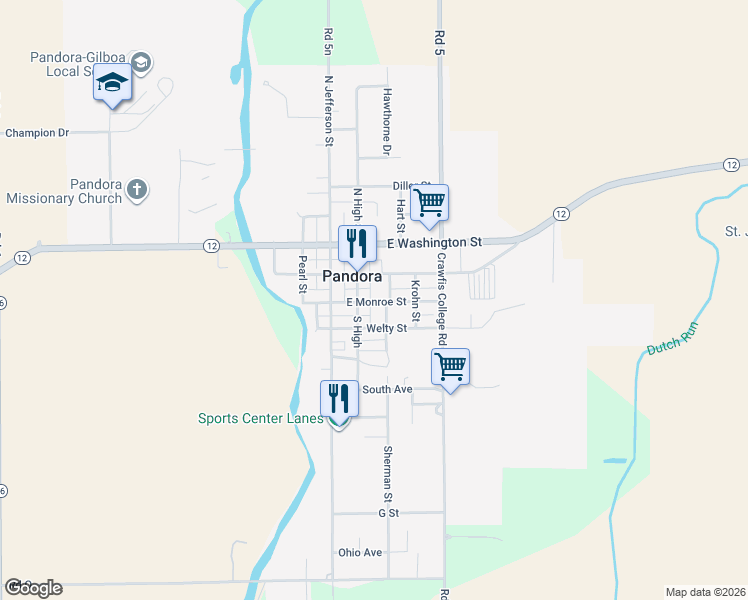 map of restaurants, bars, coffee shops, grocery stores, and more near 205 Monroe Street in Columbus Grove
