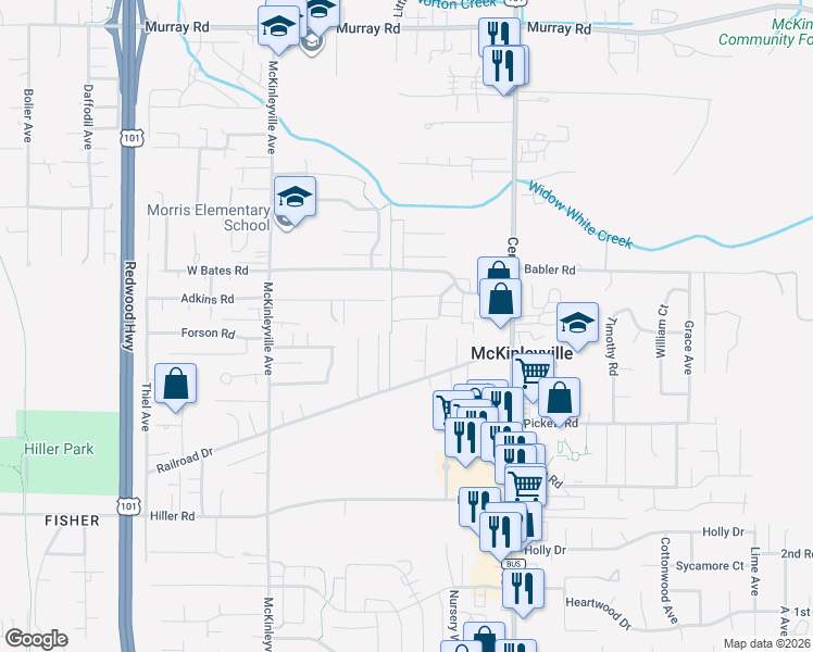map of restaurants, bars, coffee shops, grocery stores, and more near 1402 Merganser Drive in McKinleyville