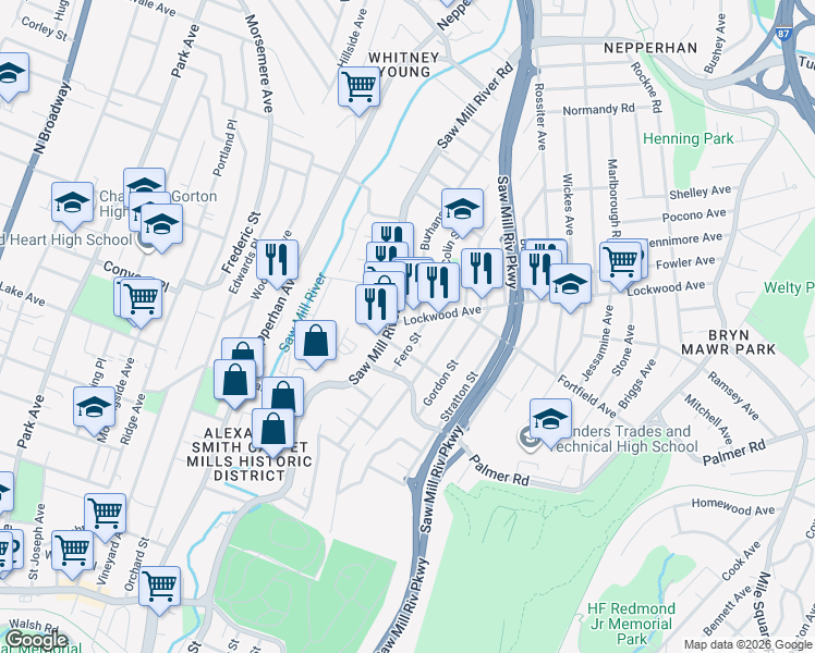 map of restaurants, bars, coffee shops, grocery stores, and more near 302 Saw Mill River Road in Yonkers