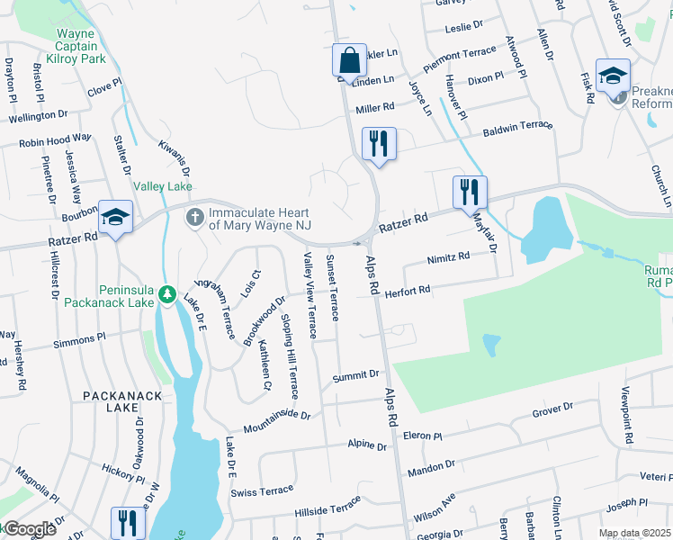 map of restaurants, bars, coffee shops, grocery stores, and more near 47 Sunset Terrace in Wayne
