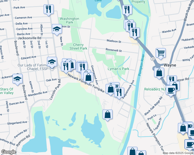 map of restaurants, bars, coffee shops, grocery stores, and more near 20 Greenwood Avenue in Pequannock Township