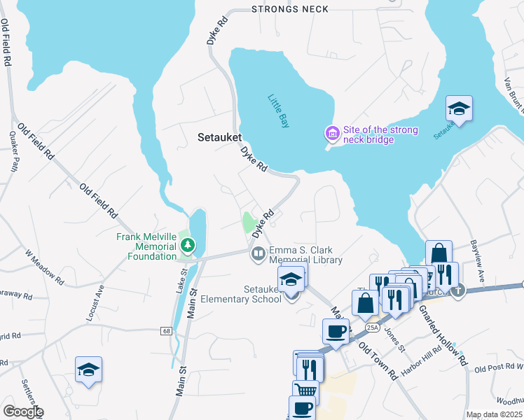 map of restaurants, bars, coffee shops, grocery stores, and more near Caroline Avenue in Setauket- East Setauket