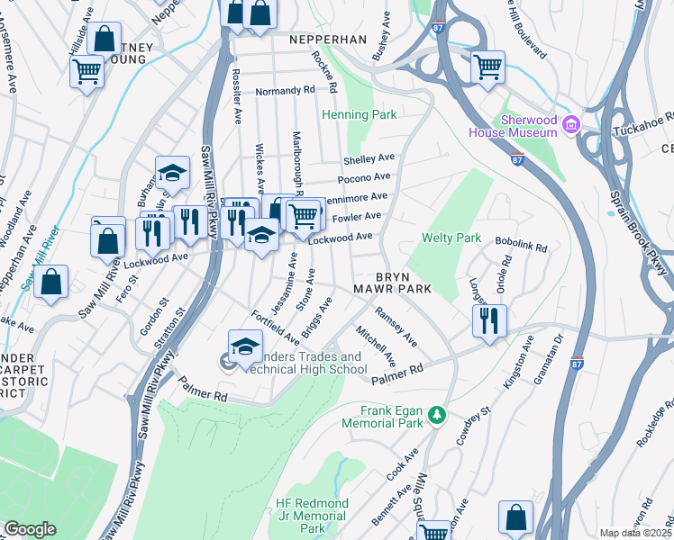 map of restaurants, bars, coffee shops, grocery stores, and more near 154 Briggs Avenue in Yonkers