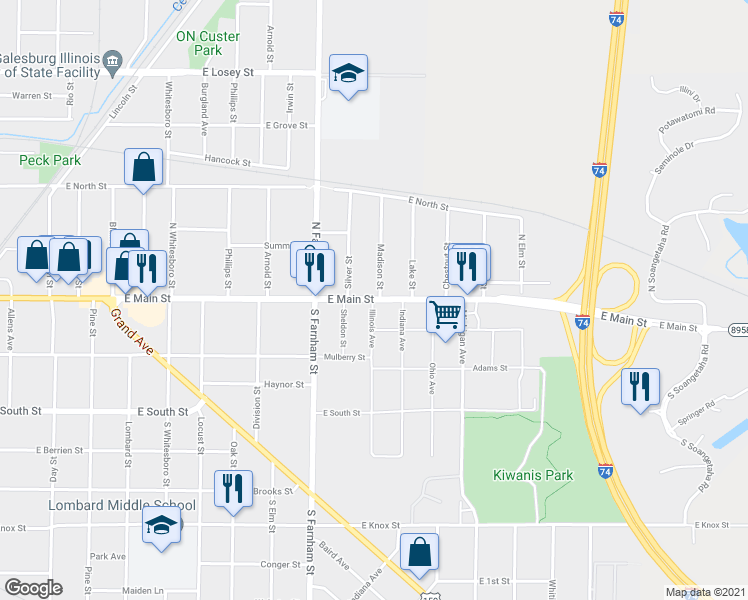map of restaurants, bars, coffee shops, grocery stores, and more near 0 Illinois Avenue in Galesburg
