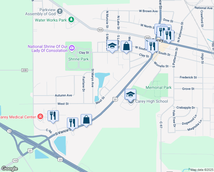 map of restaurants, bars, coffee shops, grocery stores, and more near 590 West Street in Carey