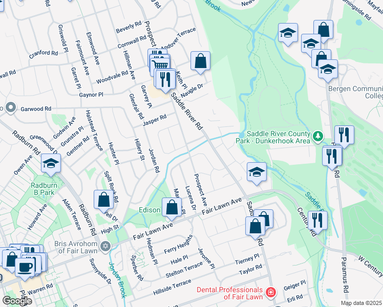 map of restaurants, bars, coffee shops, grocery stores, and more near 39-01 Knott Terrace in Fair Lawn