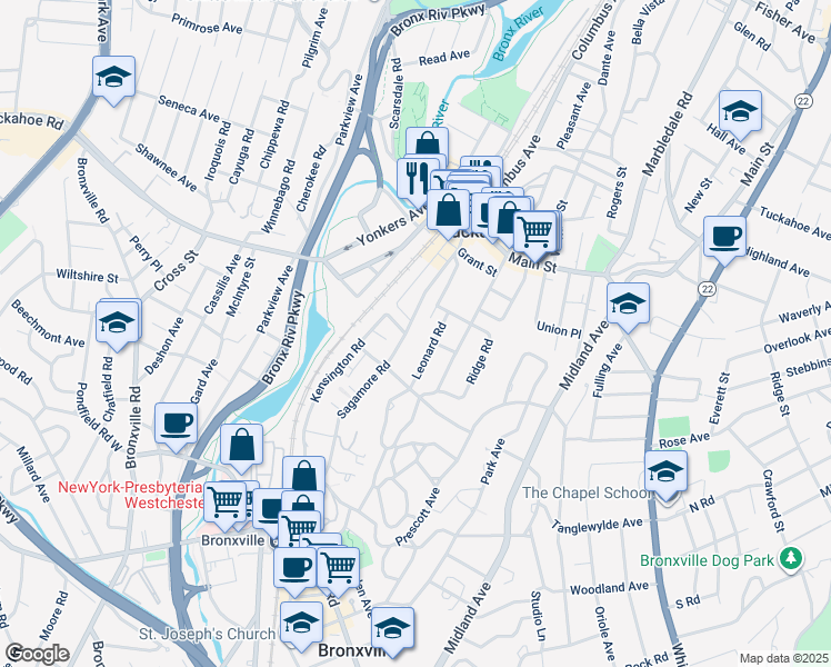 map of restaurants, bars, coffee shops, grocery stores, and more near 90 Sagamore Road in Bronxville