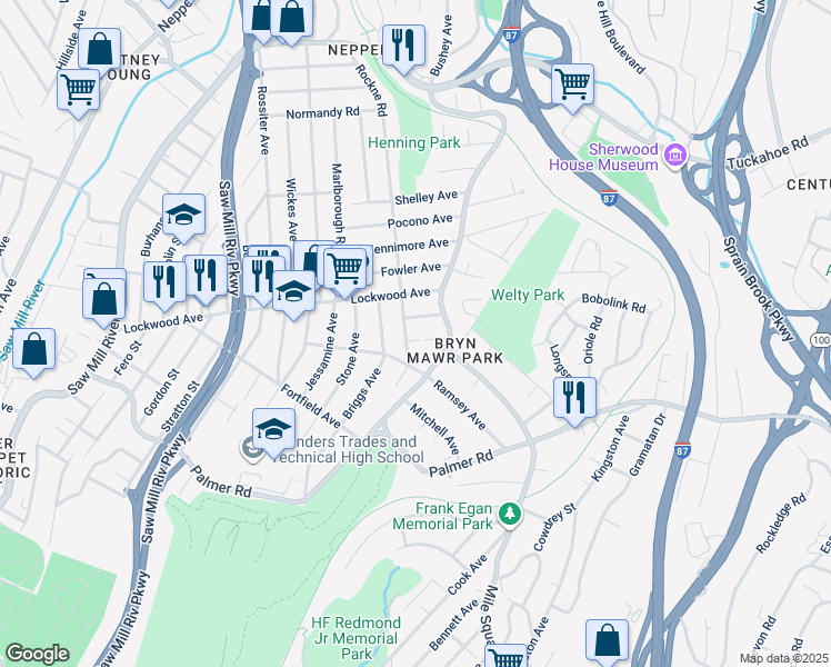 map of restaurants, bars, coffee shops, grocery stores, and more near 40 Montgomery Avenue in Yonkers