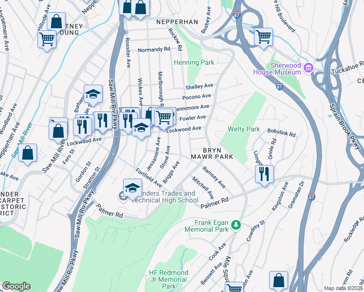 map of restaurants, bars, coffee shops, grocery stores, and more near 154 Briggs Avenue in Yonkers