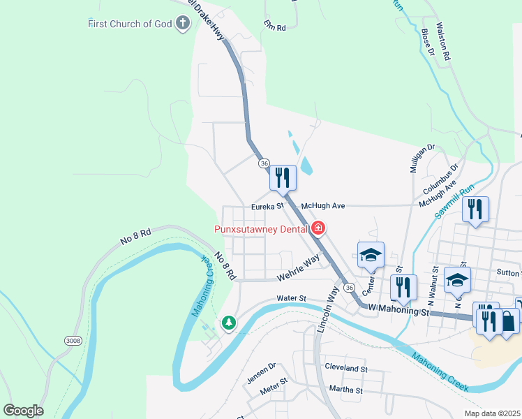map of restaurants, bars, coffee shops, grocery stores, and more near 311 Pennsylvania Avenue in Punxsutawney