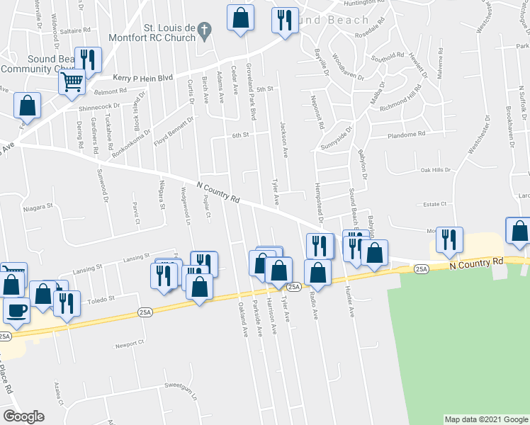 map of restaurants, bars, coffee shops, grocery stores, and more near 438 North Country Road in Miller Place
