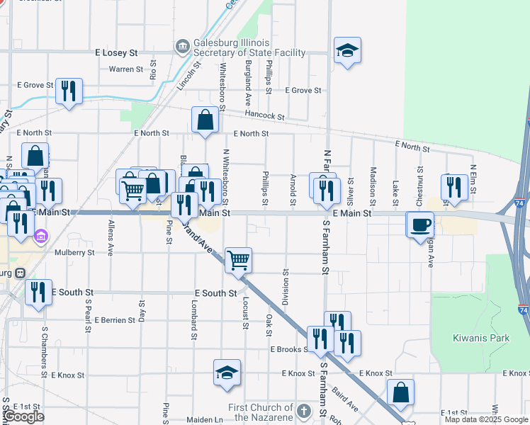 map of restaurants, bars, coffee shops, grocery stores, and more near 38 Phillips Street in Galesburg