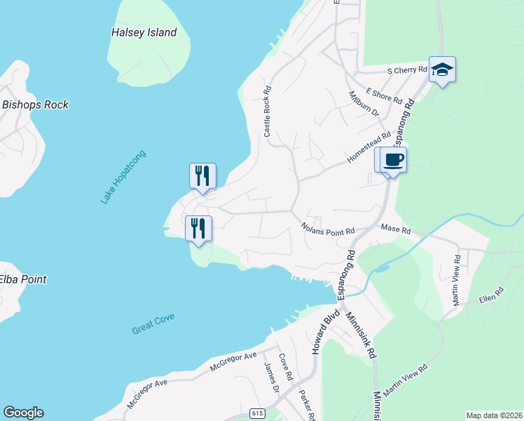 map of restaurants, bars, coffee shops, grocery stores, and more near 67 Nolans Point Road in Jefferson