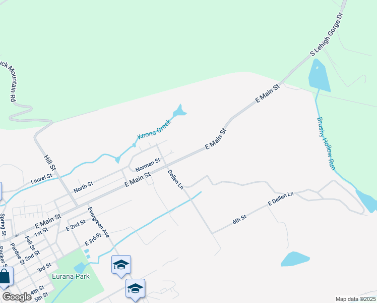 map of restaurants, bars, coffee shops, grocery stores, and more near 1021 East Main Street in Weatherly