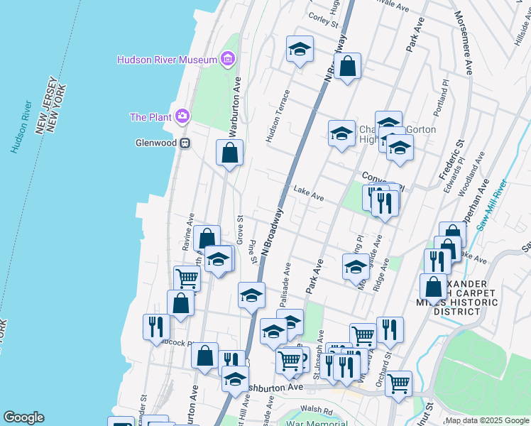map of restaurants, bars, coffee shops, grocery stores, and more near 351 North Broadway in Yonkers