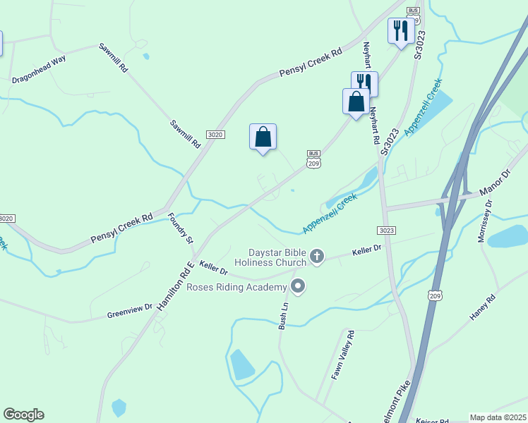 map of restaurants, bars, coffee shops, grocery stores, and more near 102 Chevy Lane in Stroudsburg