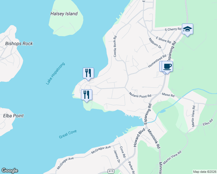 map of restaurants, bars, coffee shops, grocery stores, and more near 5 Mountain Shores Road in Jefferson