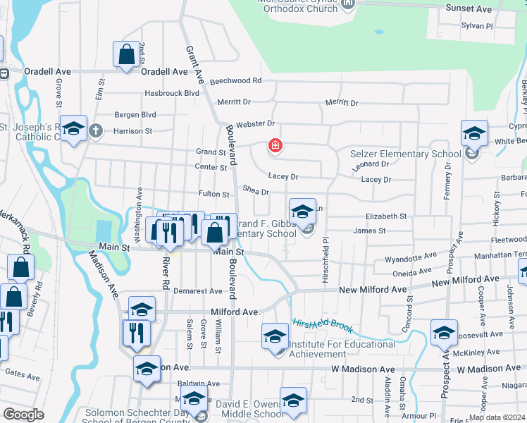 map of restaurants, bars, coffee shops, grocery stores, and more near 323 Harris Place in New Milford