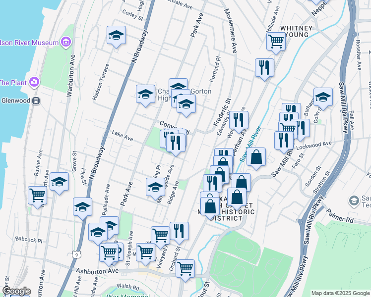 map of restaurants, bars, coffee shops, grocery stores, and more near in Yonkers