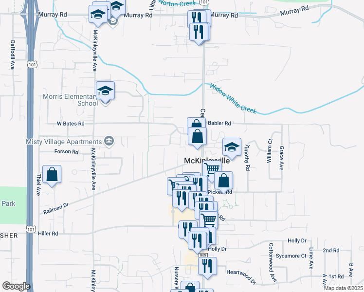 map of restaurants, bars, coffee shops, grocery stores, and more near 1549 Railroad Drive in McKinleyville