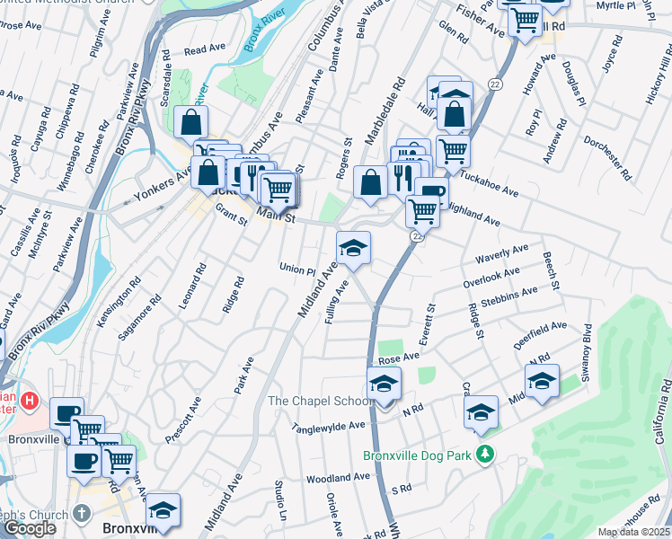 map of restaurants, bars, coffee shops, grocery stores, and more near 43 Fulling Avenue in Tuckahoe