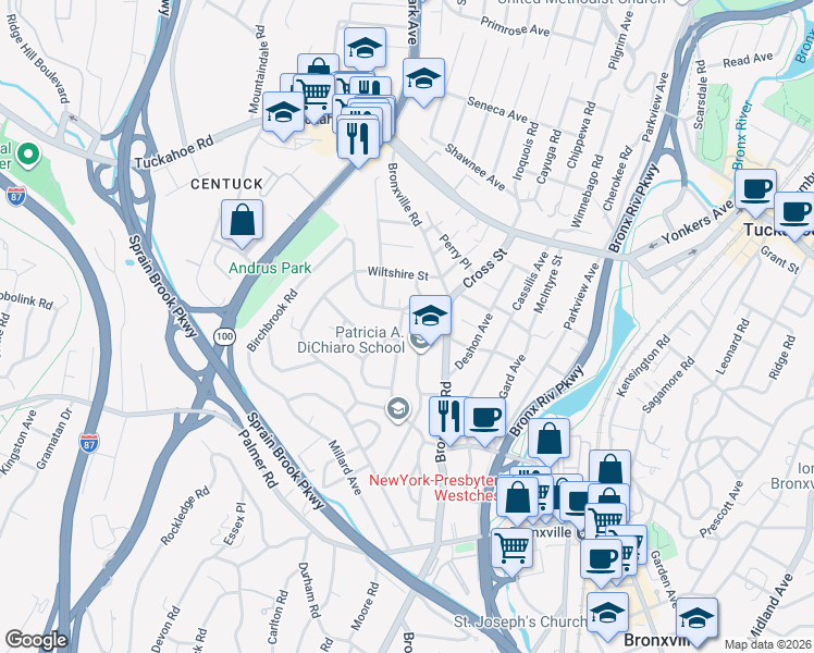 map of restaurants, bars, coffee shops, grocery stores, and more near 164 Pondfield Road West in Yonkers