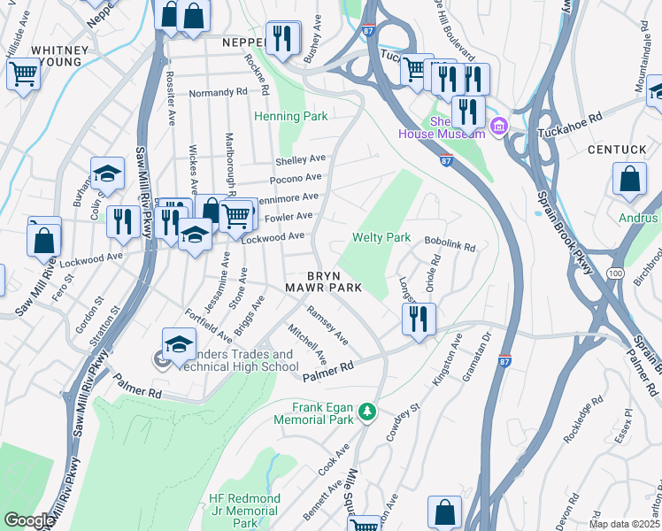 map of restaurants, bars, coffee shops, grocery stores, and more near 250 Mile Square Road in Yonkers
