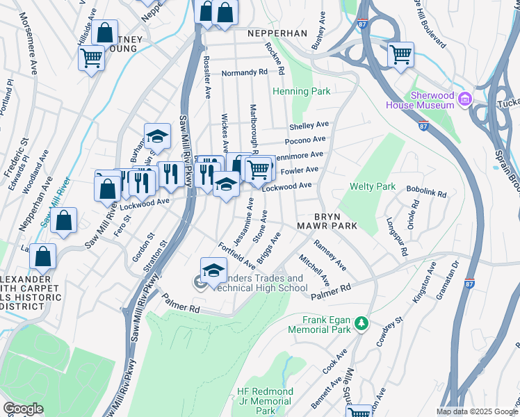 map of restaurants, bars, coffee shops, grocery stores, and more near in Yonkers