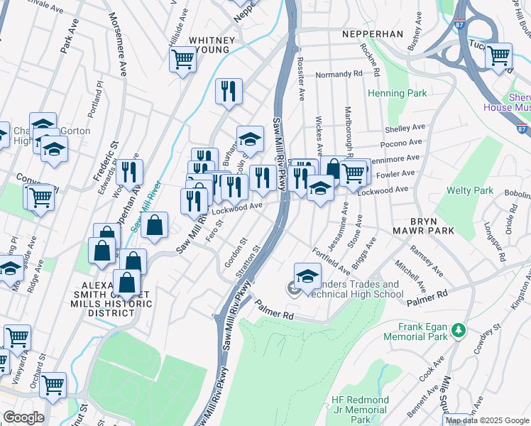 map of restaurants, bars, coffee shops, grocery stores, and more near 86 Gordon Street in Yonkers