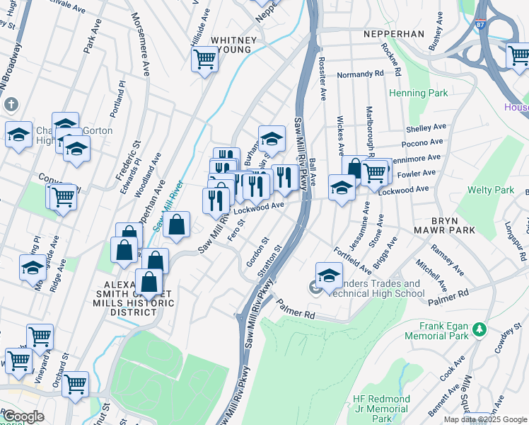 map of restaurants, bars, coffee shops, grocery stores, and more near 41 Clarendon Avenue in Yonkers