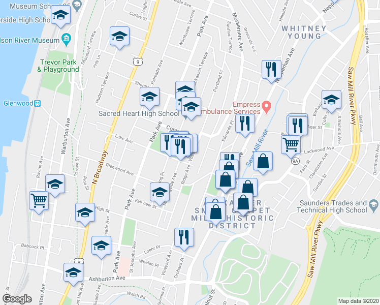 map of restaurants, bars, coffee shops, grocery stores, and more near in Yonkers
