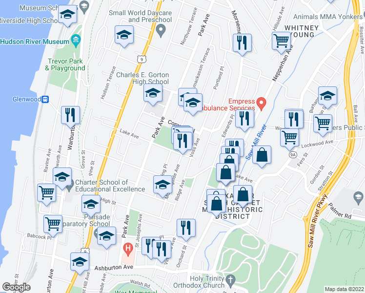 map of restaurants, bars, coffee shops, grocery stores, and more near 124 Lake Avenue in Yonkers