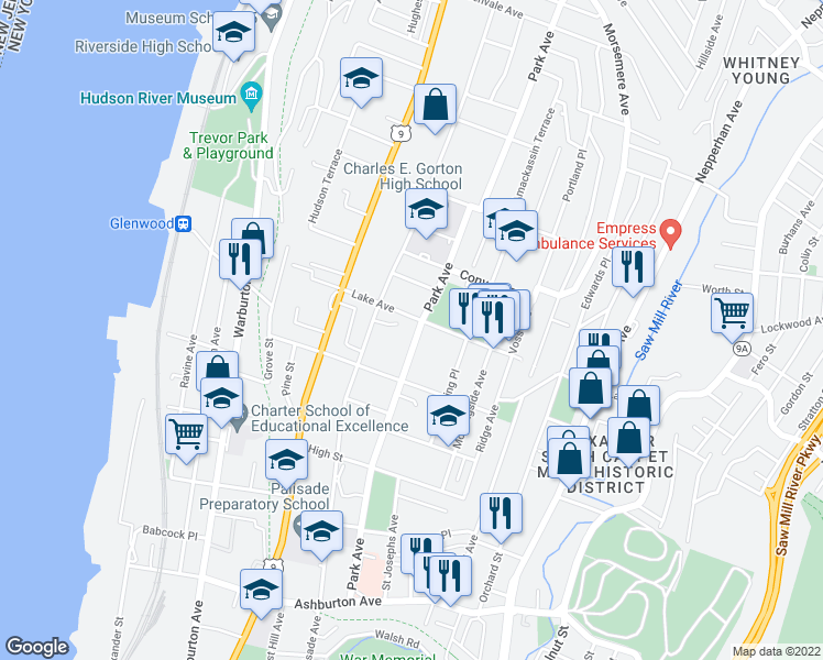 map of restaurants, bars, coffee shops, grocery stores, and more near 199 Park Avenue in Yonkers