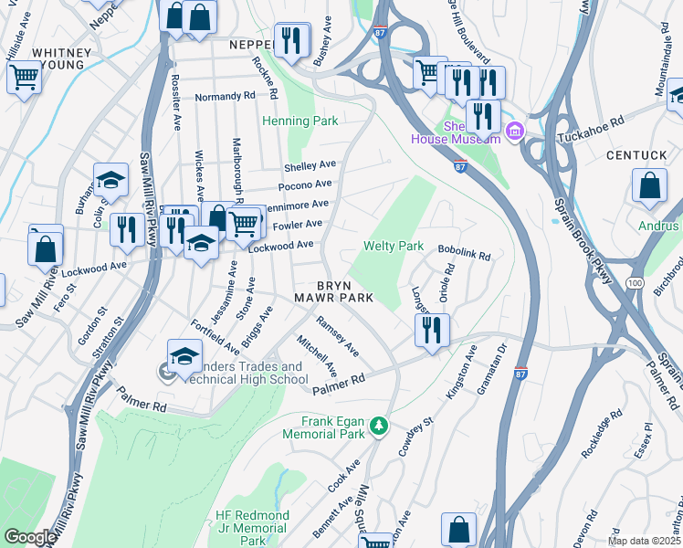 map of restaurants, bars, coffee shops, grocery stores, and more near 250 Mile Square Road in Yonkers