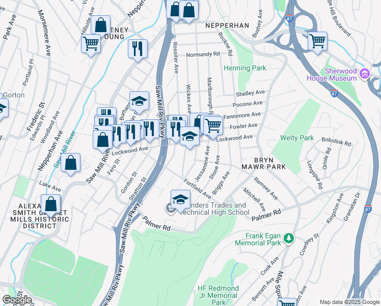 map of restaurants, bars, coffee shops, grocery stores, and more near 118 Lockwood Avenue in Yonkers