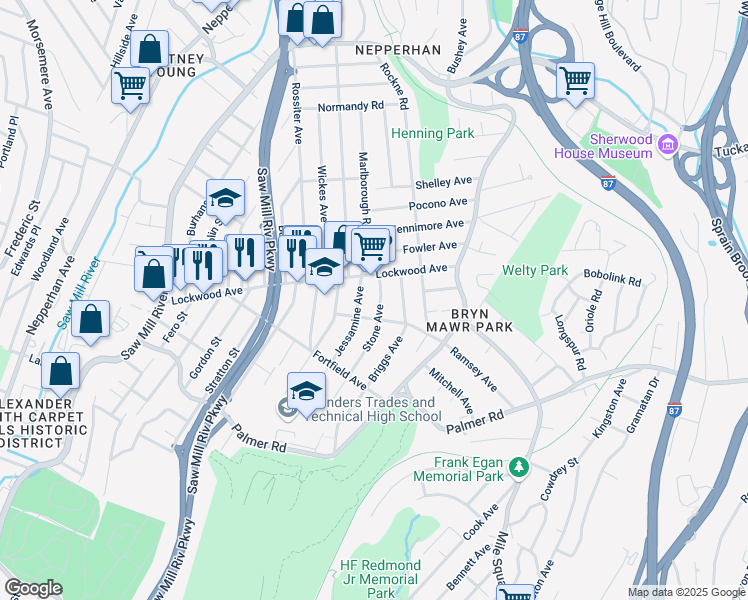 map of restaurants, bars, coffee shops, grocery stores, and more near in Yonkers