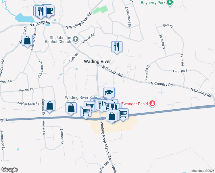 map of restaurants, bars, coffee shops, grocery stores, and more near 1909 Wading River Manor Road in Wading River