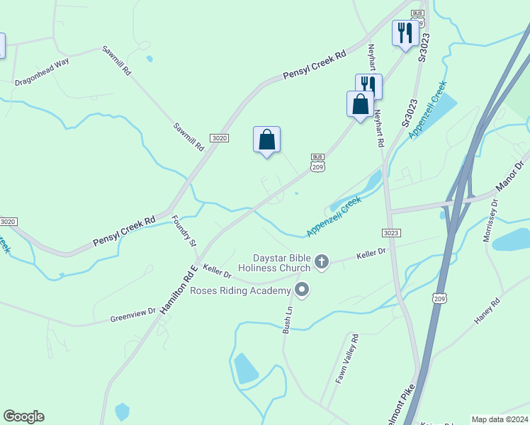 map of restaurants, bars, coffee shops, grocery stores, and more near 102 Chevy Lane in Stroudsburg